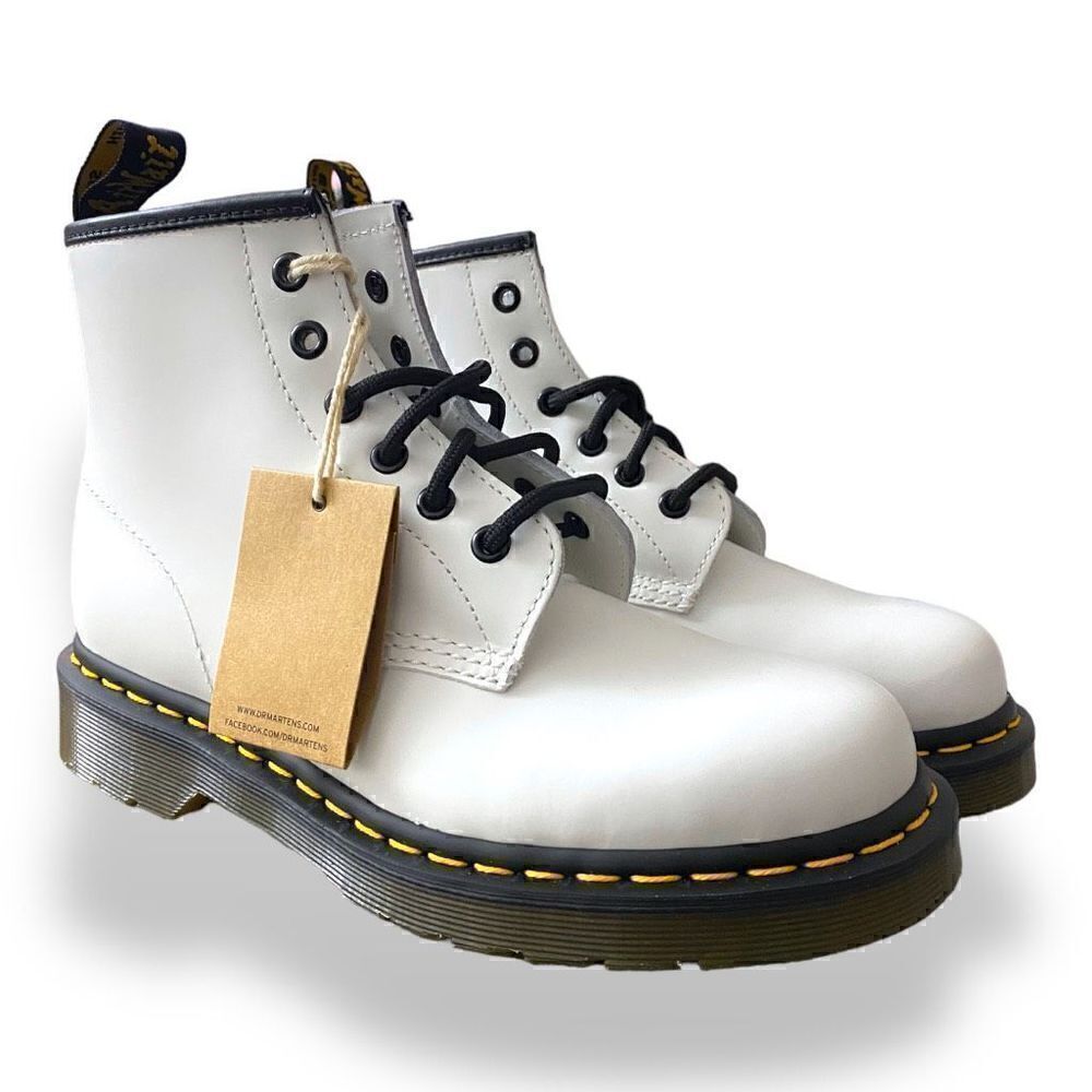 Dr. Martens 101 Yellow Stitch 6 Eyelet White Leather Combat Boots Womens size 7